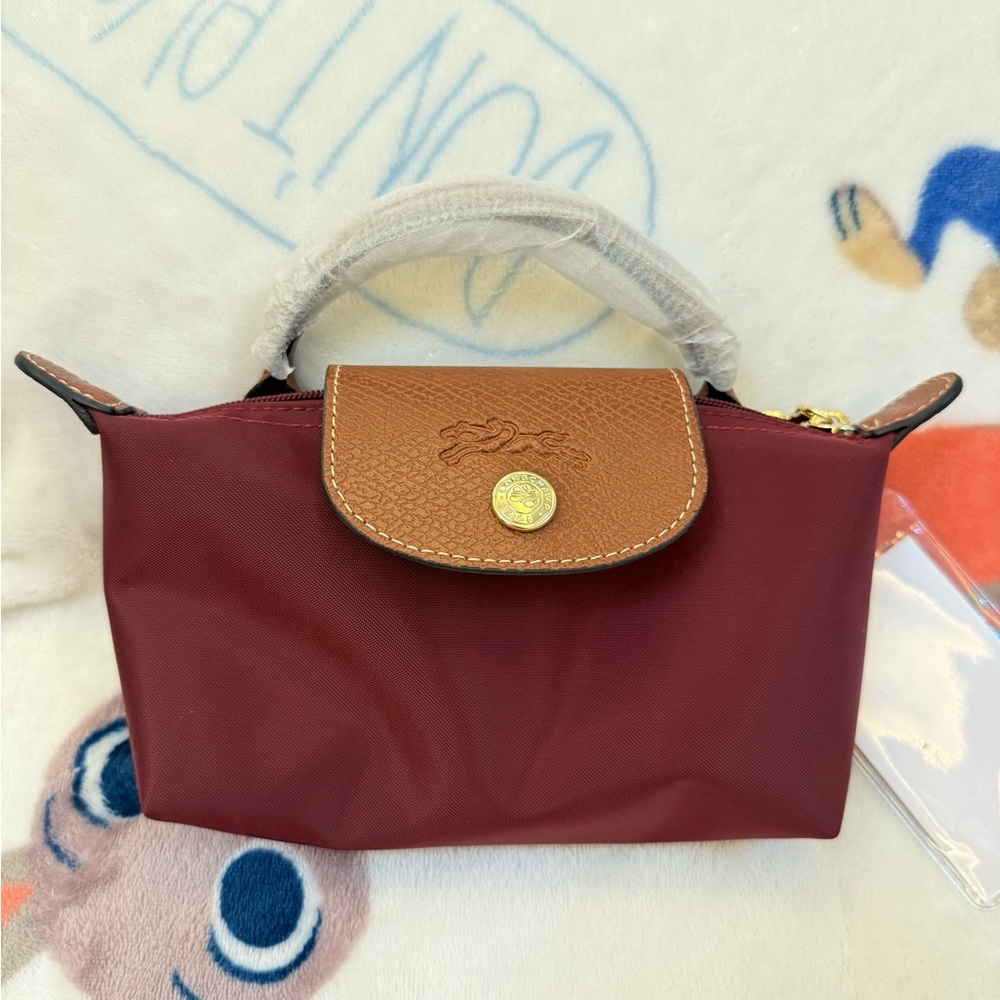 Longchamp Burgundy Nylon Mini Tote with Tan Leather Flap